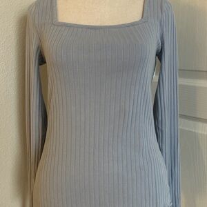 SO Ribbed Square Neck Long Sleeve Top - Light Blue